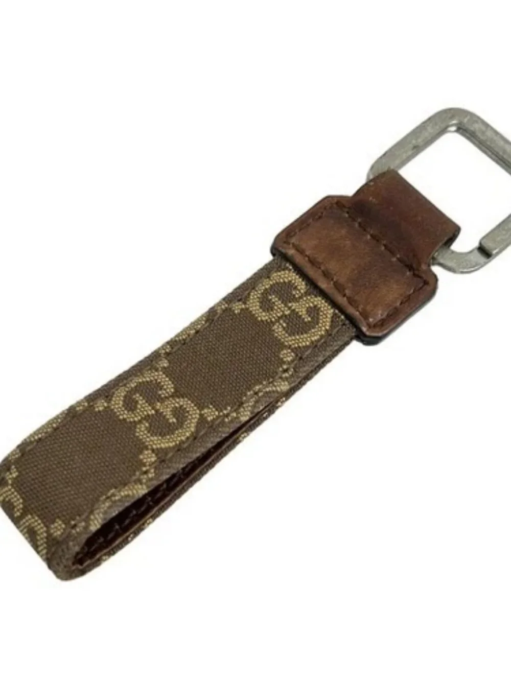 GUCCI GG Canvas Key Ring 042 01 0840 Dark Brown Brown Yellow Leather Canvas